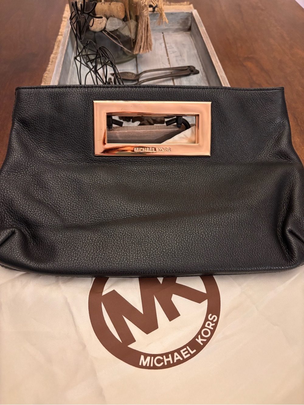 Michael Kors Black Leather clutch with Gold Trim